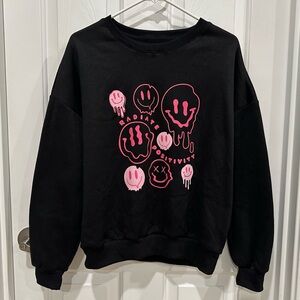 New! ROMWE Black Sweatshirt with Pink Smiley Faces Size XS - Oversized